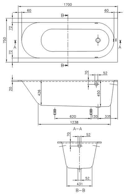 план схема ванны Villeroy& Boch Oberon BQ170OBE2V