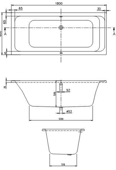 схема чертеж ванны Villeroy&Boch Omnia architectura BA180ARA2V